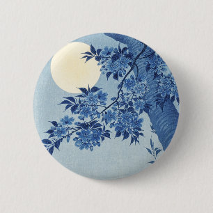 Badge Rond 5 Cm Chinoiserie Bleu marine Fleur de cerisier & Pleine