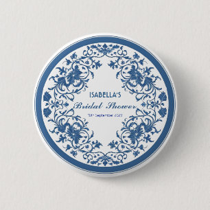 Badge Rond 5 Cm Chinoiserie bleue élégante florale victorienne chi