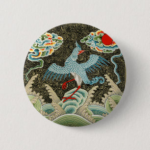 Badge Rond 5 Cm Chinoiserie Motif de grue dorée et de vague marine