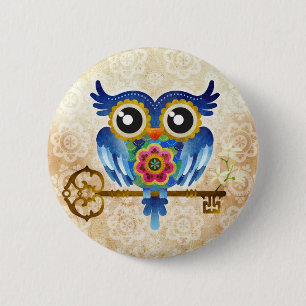 Badge Rond 5 Cm Chouette à clé squelette