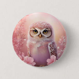 Badge Rond 5 Cm Chouette à terrière rose