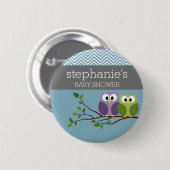 Badge Rond 5 Cm Chouette mignonne en Branche - Bleu bébé garçon do (Devant & derrière)