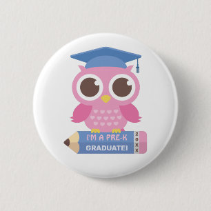 Badge Rond 5 Cm Chouette Rose Mignonne et Crayon, Je Suis un Diplô
