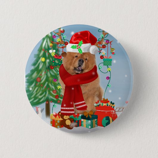 Badge Rond 5 Cm Chow Chow Chien en neige avec cadeaux de Noël (Devant)