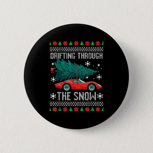 Badge Rond 5 Cm Christmas Car Drifting Through Snow Ugly Xmas Men (Devant)