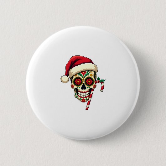 Badge Rond 5 Cm Christmas Sugar Skull Santa Hat Day Of The Dead Xm (Devant)