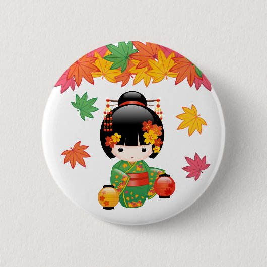 Badge Rond 5 Cm Chute Poupée Kokeshi - Green Kimono Geisha Girl (Devant)
