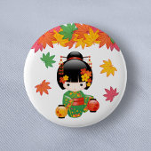 Badge Rond 5 Cm Chute Poupée Kokeshi - Green Kimono Geisha Girl