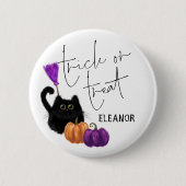 Badge Rond 5 Cm Citrouille de chat Broomstick Halloween Trick Nom (Devant)