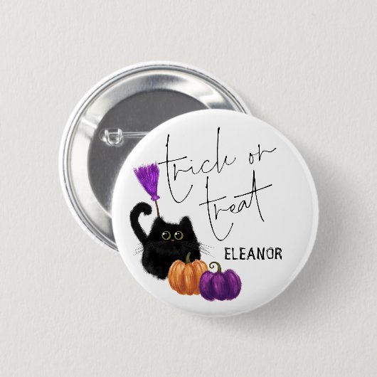Badge Rond 5 Cm Citrouille de chat Broomstick Halloween Trick Nom (Devant & derrière)