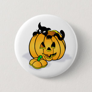 Badge Rond 5 Cm Citrouille d'Halloween avec chat noir