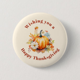 Badge Rond 5 Cm Citrouille orange et fleurs Automne Action de grâc
