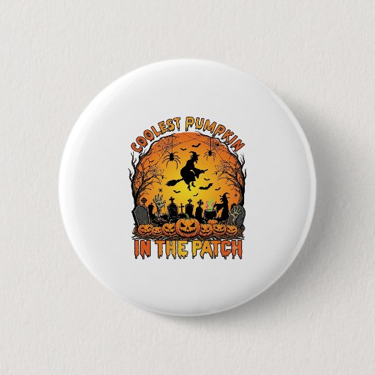 Badge Rond 5 Cm Citrouille Patch Halloween Sorcière Araignées Grav (Devant)