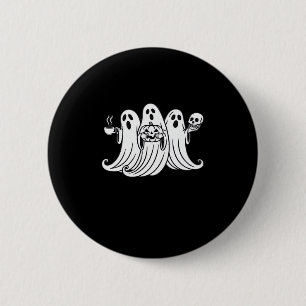 Badge Rond 5 Cm Citrouille tenant une tasse de café effrayant
