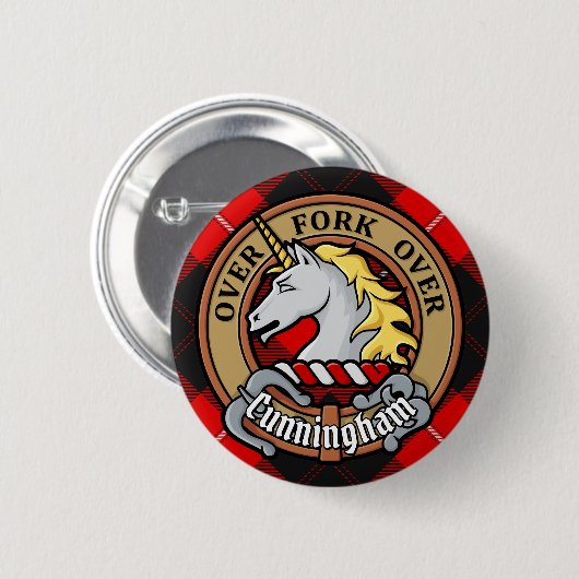 Badge Rond 5 Cm Clan Cunningham Crest sur Tartan (Devant & derrière)