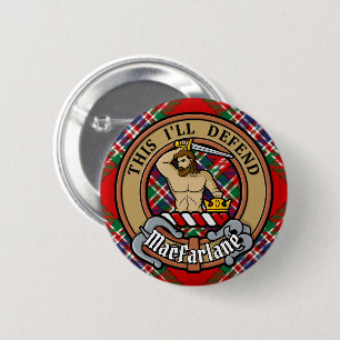 Badge Rond 5 Cm Clan MacFarlane Crest sur Red Tartan