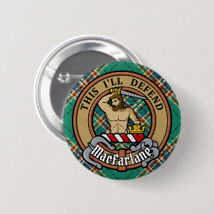 Badge Rond 5 Cm Clan MacFarlane Crest sur Tartan de chasse antique
