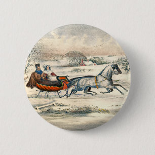 Badge Rond 5 Cm Classique 1853 Promenade en traîneau Currier Ives