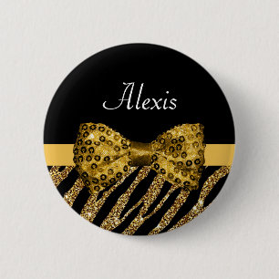 Badge Rond 5 Cm Classy Gold Zebra Print FAUX Glitz Bow avec nom
