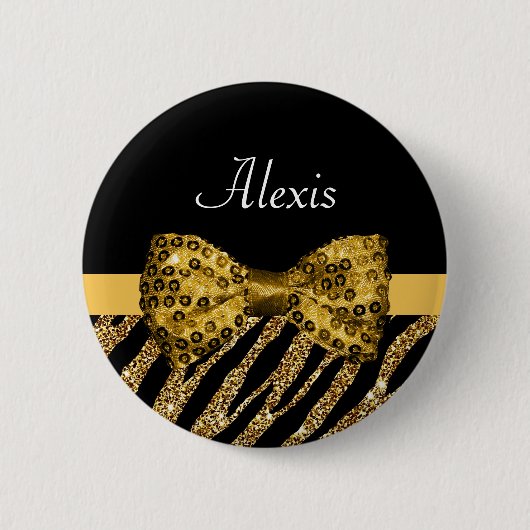 Badge Rond 5 Cm Classy Gold Zebra Print FAUX Glitz Bow avec nom (Devant)