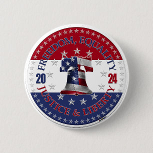 Badge Rond 5 Cm Cloche de la liberté 2024 Rouge Bleu Liberté, Égal