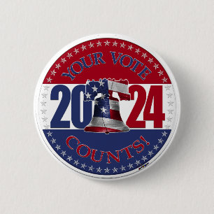 Badge Rond 5 Cm Cloche de la Liberté 2024 Rouge et Bleu Votre Vote