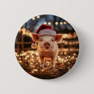 Badge Rond 5 Cm Cochon dans un chapeau de Père Noël
