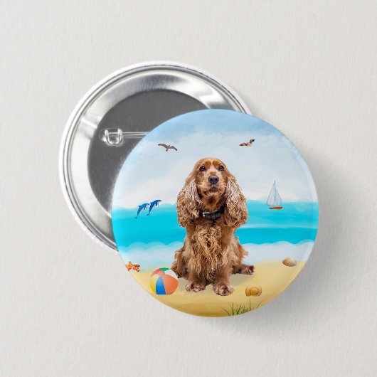 Badge Rond 5 Cm Cocker Spaniel Chien sur la plage (Devant & derrière)