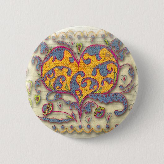 Badge Rond 5 Cm Coeur d'art populaire avec feuilles et fleurs (Devant)