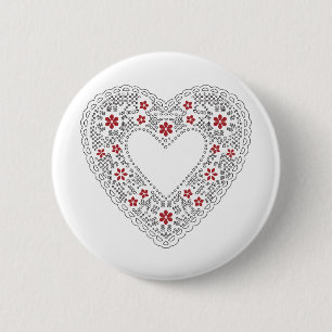 Badge Rond 5 Cm Coeur dentelle rouge et blanc