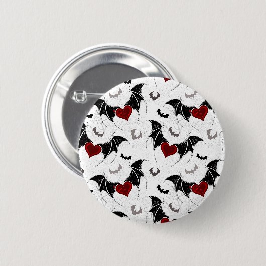 Badge Rond 5 Cm Coeur d'Halloween avec ailes de chauve-souris noir (Devant & derrière)