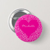 Badge Rond 5 Cm Coeur floral en rose avec nom (Devant & derrière)
