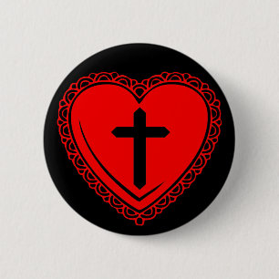 Badge Rond 5 Cm Cœur gothique & Croix (Noir + Rouge)