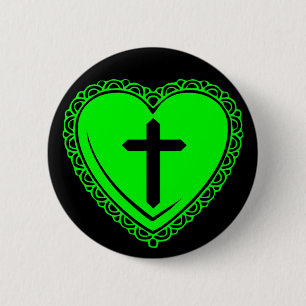 Badge Rond 5 Cm Cœur gothique & Croix (Noir + Vert)