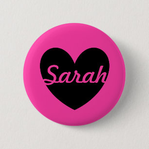 Badge Rond 5 Cm Coeur noir personnalisé sur rose fuchsia