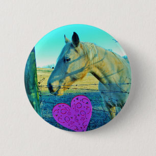 Badge Rond 5 Cm Coeur rose et Cheval jaune