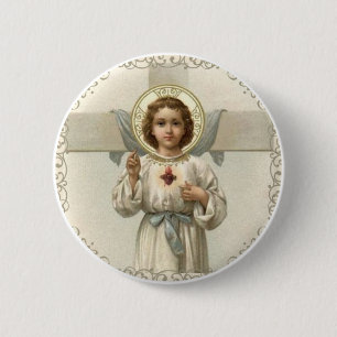 Badge Rond 5 Cm Coeur sacré d'enfant Jésus avec la croix