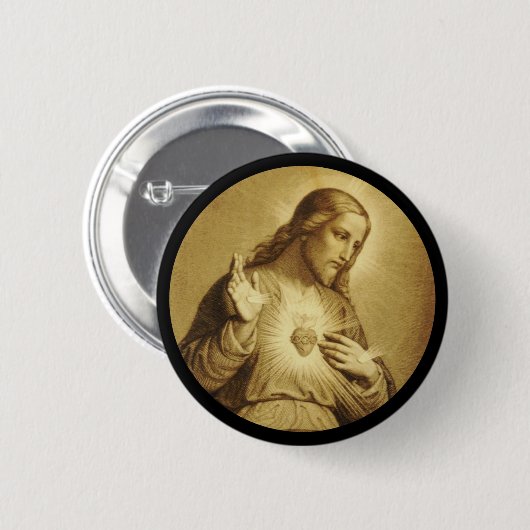 Badge Rond 5 Cm Coeur sacré d'or avec Croix (Devant & derrière)