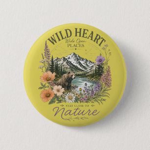 Badge Rond 5 Cm Cœur Sauvage Lieux Ouverts Ours Montagne Fleur Sau