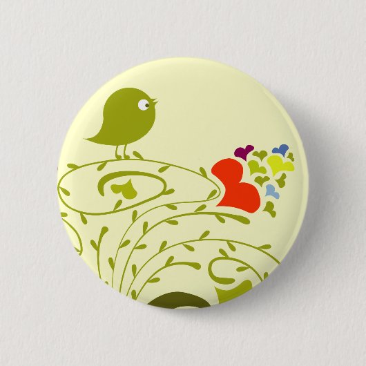 Badge Rond 5 Cm Coeurs Et Oiseaux Sur Un Petit Arbre (Devant)