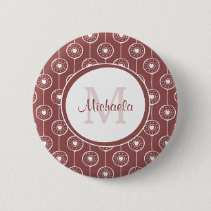 Badge Rond 5 Cm Cœurs Monogramme Marron Rouge Élégant Avec Nom
