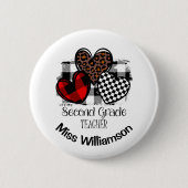 Badge Rond 5 Cm Coeurs vibrants Nom personnalisé Enseignant de 2e  (Devant)