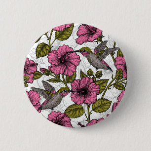 Badge Rond 5 Cm Colibris et fleurs d'hibiscus roses