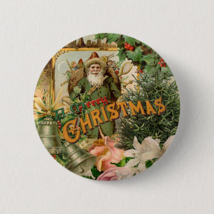 Badge Rond 5 Cm Collage de Noël Santa Vert Ancien Monde Antique