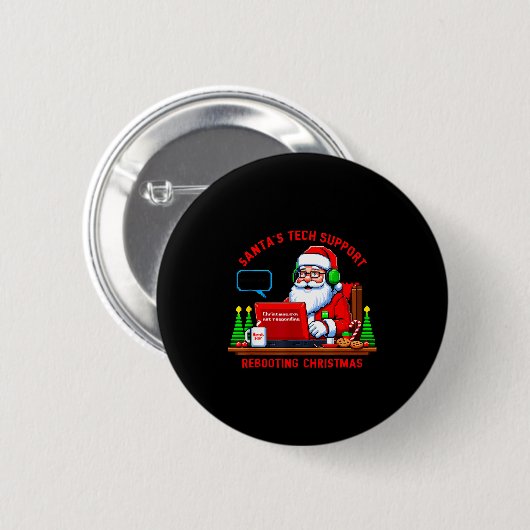 Badge Rond 5 Cm Computer Meme Funny Santa's Tech Suprt Rebooting C (Devant & derrière)