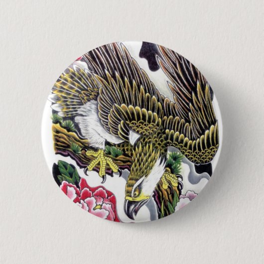 Badge Rond 5 Cm Conception de tatouage Aigle & Chrysanthème (Devant)