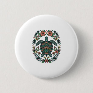 Badge Rond 5 Cm Conception de vecteur floral de tortue de mer vint