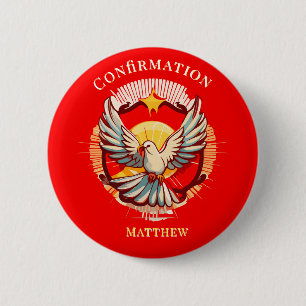 Badge Rond 5 Cm Confirmation White Dove Red Flamed Custom