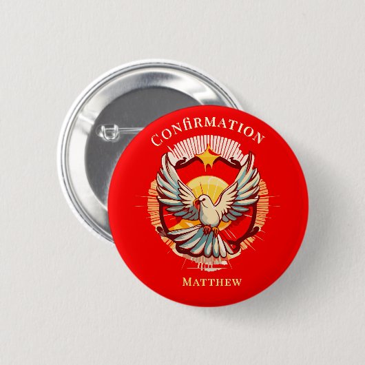 Badge Rond 5 Cm Confirmation White Dove Red Flamed Custom (Devant & derrière)