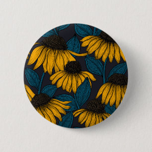 Badge Rond 5 Cm Confleurs jaunes sur bleu foncé